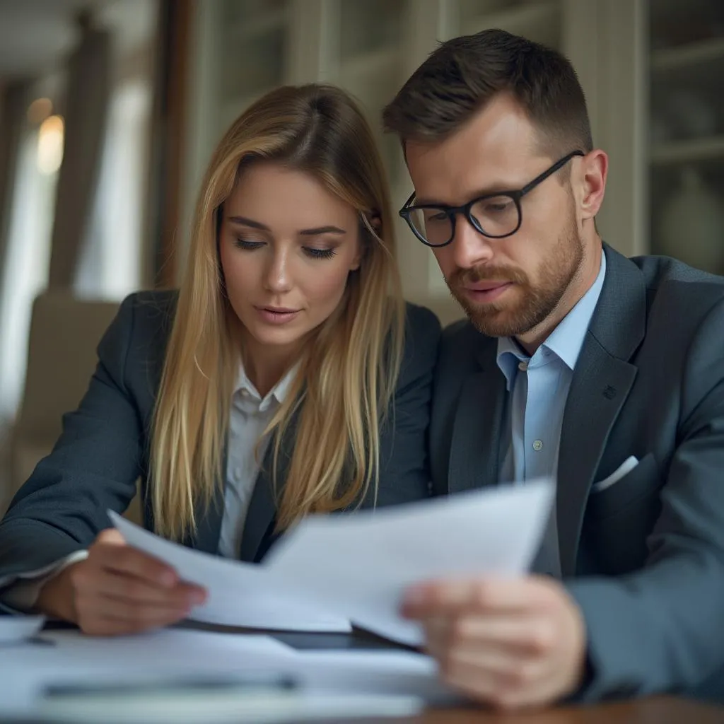 Asesor financiero revisando documentos con un cliente